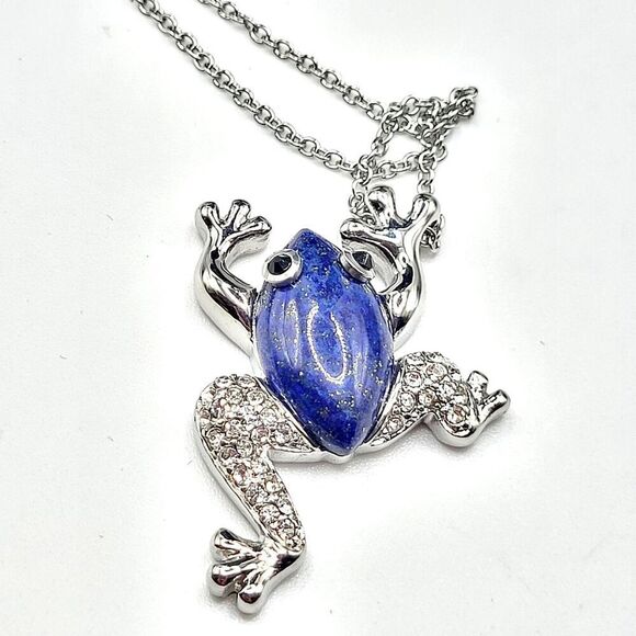 Lapis Lazuli Black and White Australian Crystal Frog Necklace 20in Stainless - Picture 1 of 5
